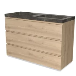 Modulo Badkamermeubel Met Wastafel | 120 Cm Lichtbruin Eiken Greeploos Front Natuursteen 3 Lades