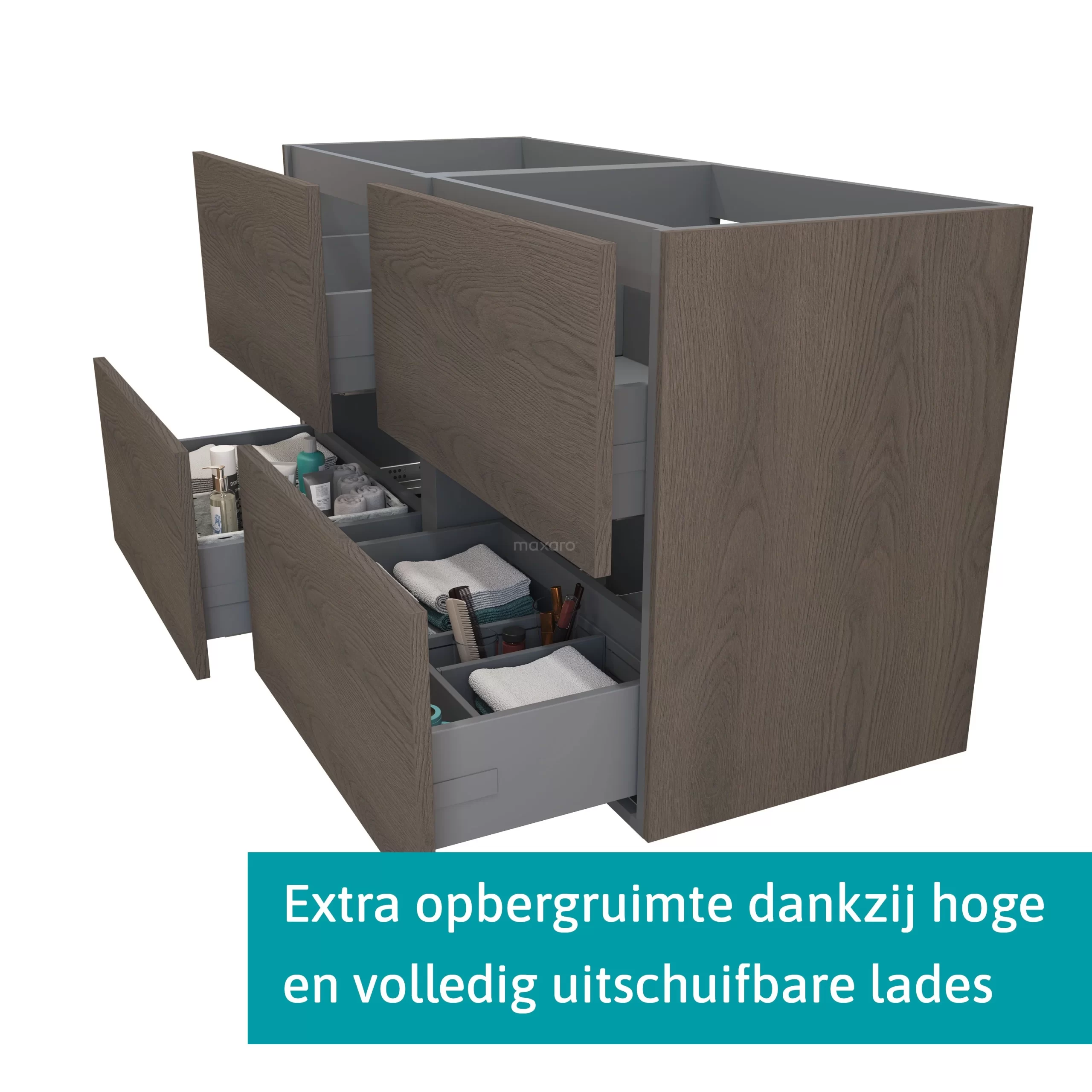 Modulo Badkamermeubel Met Wastafel | 140 Cm Donkerbruin Eiken Vlak Front Mineraalmarmer 4 Lades 4 Modulo Badkamermeubel Met Wastafel | 140 Cm Donkerbruin Eiken Vlak Front Mineraalmarmer 4 Lades - Afbeelding 2