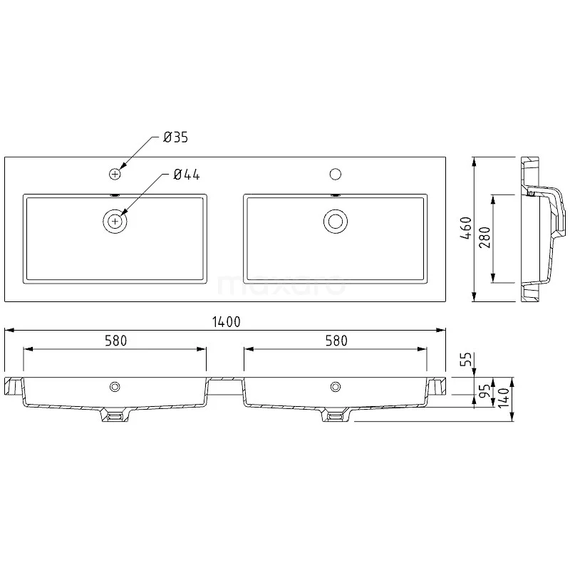 Modulo Badkamermeubel Met Wastafel | 140 Cm Donkerbruin Eiken Vlak Front Mineraalmarmer 4 Lades 8 Modulo Badkamermeubel Met Wastafel | 140 Cm Donkerbruin Eiken Vlak Front Mineraalmarmer 4 Lades - Afbeelding 6