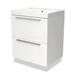 Modulo Badkamermeubel Met Wastafel | 60 Cm Mat Wit Vlak Front Keramiek 2 Lades Onder Elkaar