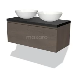 Modulo Plato Badkamermeubel Voor Waskom | 100 Cm Donkerbruin Eiken Greeploos Front Mat Zwart Blad 1 Lade