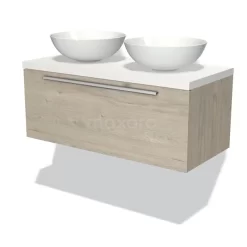 Modulo Plato Badkamermeubel Voor Waskom | 100 Cm Lichtgrijs Eiken Vlak Front Mat Wit Blad 1 Lade