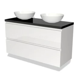Modulo Plato Badkamermeubel Voor Waskom | 120 Cm Hoogglans Wit Greeploos Front Hoogglans Zwart Blad 2 Lades Onder Elkaar