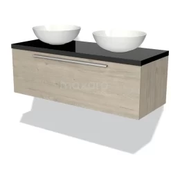 Modulo Plato Badkamermeubel Voor Waskom | 120 Cm Lichtgrijs Eiken Vlak Front Hoogglans Zwart Blad 1 Lade