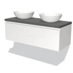 Modulo Plato Badkamermeubel Voor Waskom | 120 Cm Mat Wit Greeploos Front Donkergrijs Beton Blad 1 Lade