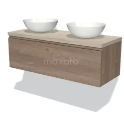 Modulo Plato Badkamermeubel Voor Waskom | 120 Cm Middenbruin Eiken Greeploos Front Lichtgrijs Eiken Blad 1 Lade
