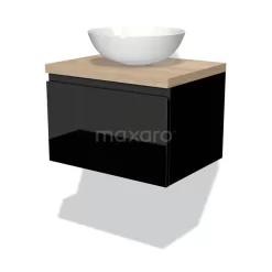 Modulo Plato Badkamermeubel Voor Waskom | 60 Cm Hoogglans Zwart Greeploos Front Lichtbruin Eiken Blad 1 Lade