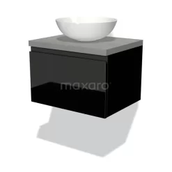 Modulo Plato Badkamermeubel Voor Waskom | 60 Cm Hoogglans Zwart Greeploos Front Lichtgrijs Beton Blad 1 Lade