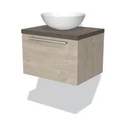 Modulo Plato Badkamermeubel Voor Waskom | 60 Cm Lichtgrijs Eiken Vlak Front Donkerbruin Eiken Blad 1 Lade