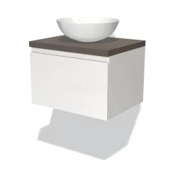 Modulo Plato Badkamermeubel Voor Waskom | 60 Cm Mat Wit Greeploos Front Donkerbruin Eiken Blad 1 Lade