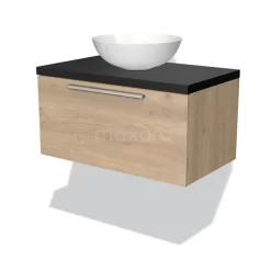 Modulo Plato Badkamermeubel Voor Waskom | 80 Cm Lichtbruin Eiken Vlak Front Mat Zwart Blad 1 Lade
