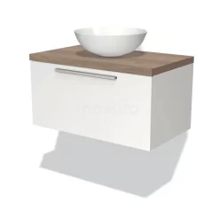 Modulo Plato Badkamermeubel Voor Waskom | 80 Cm Mat Wit Vlak Front Middenbruin Eiken Blad 1 Lade