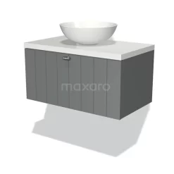 Modulo Plato Badkamermeubel Voor Waskom | 80 Cm Middengrijs Lamel Front Hoogglans Wit Blad 1 Lade