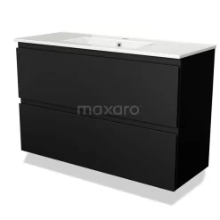 Modulo Slim Badkamermeubel Met Wastafel | 100 Cm Mat Zwart Greeploos Front Keramiek 2 Lades Onder Elkaar