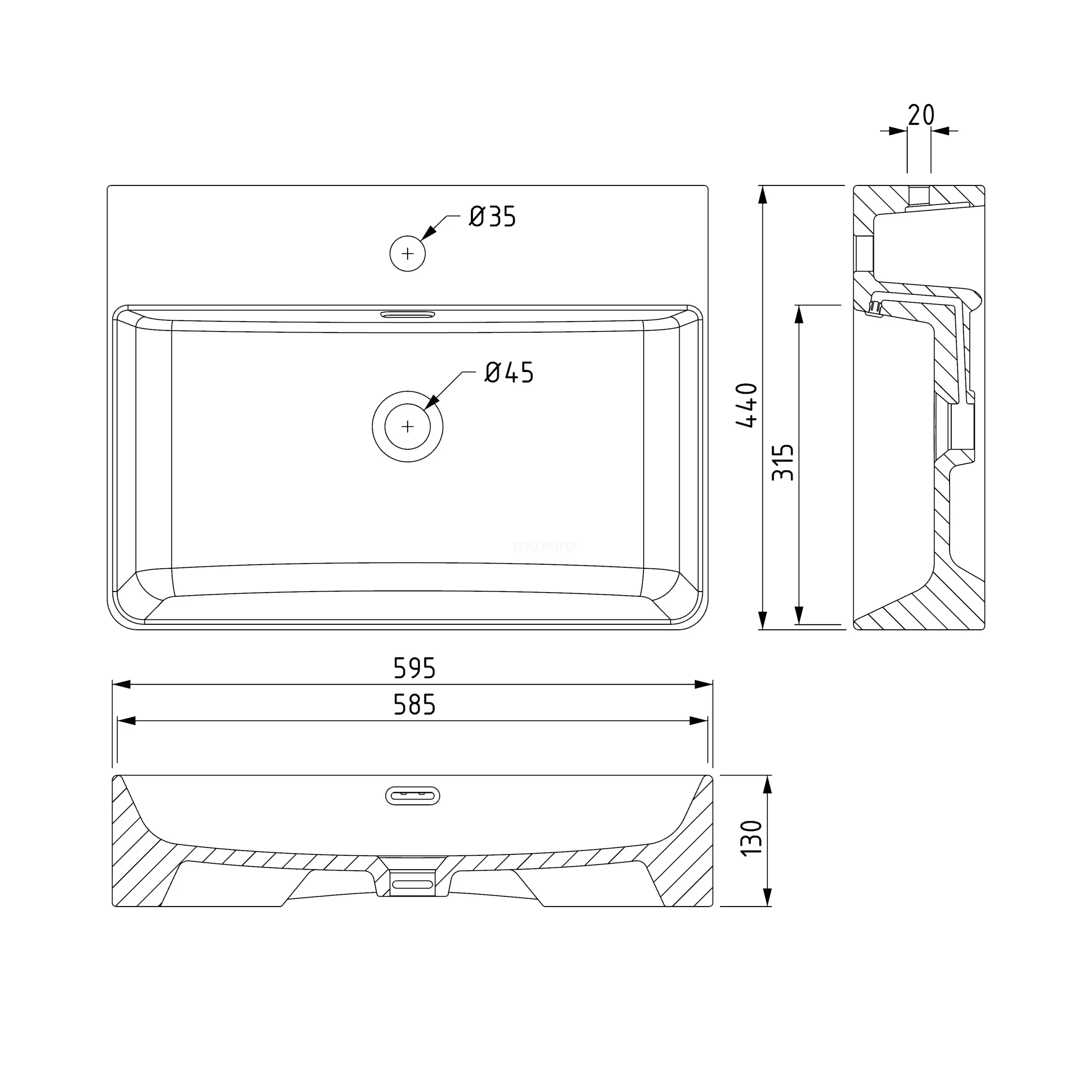 Vrijhangende Wastafel Clasico 59,5 Cm Keramiek Mat Wit 1 Kraangat 4 Vrijhangende Wastafel Clasico 59,5 Cm Keramiek Mat Wit 1 Kraangat - Afbeelding 2
